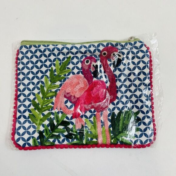 Karma Living Twin Flamingo Pouch Travel Bag New Make Up Pencil Cotton 6x8” - Picture 5 of 5